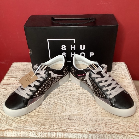SHU SHOP NWT Sz 8 Ruby Studded Black Tie Sneakers Round Toes White Rubber Soles - Picture 2 of 13